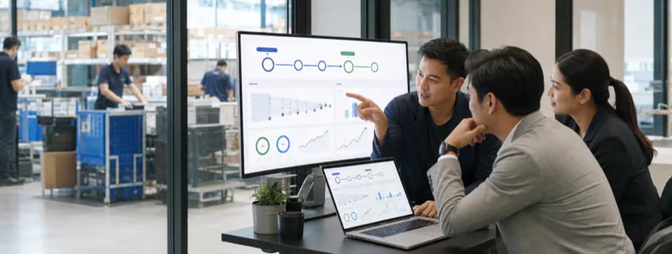 Mooselab team reviewing product analytics on a wall-mounted dashboard