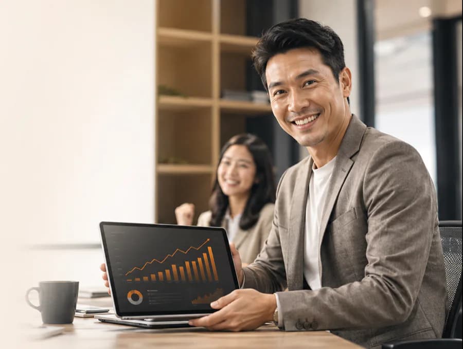 A Mooselab teammate presenting a growth chart on a laptop