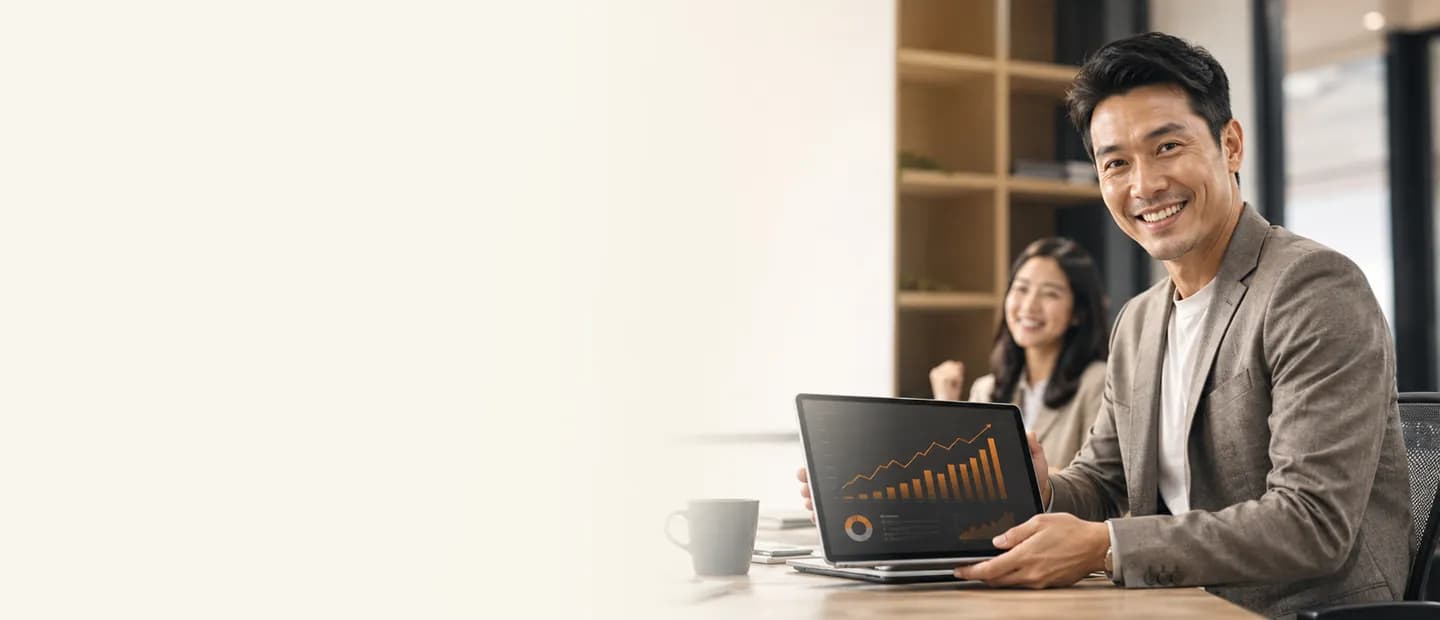 Mooselab clients reviewing business growth results on a laptop in a bright office